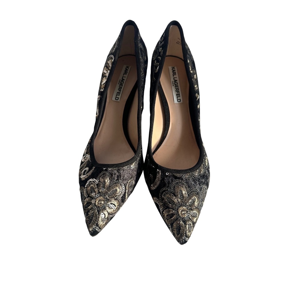 Karl Lagerfeld Paris Adina2 Black Gold Sequin Floral Block Heel Pumps‎ Womens 10